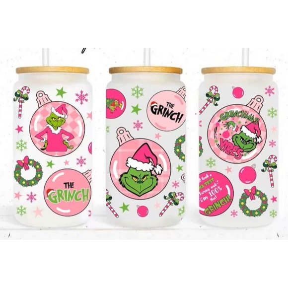 Pink Christmas Grinch 16oz Glass Libbey Can Tumbler Clear or Frosted Cup W/ Lid - Picture 1 of 3